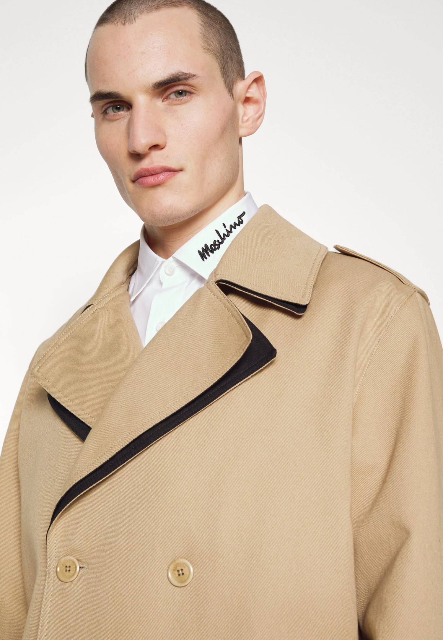 MOSCHINO Long Jacket - Classic Coat - Beige/Black - Image 8